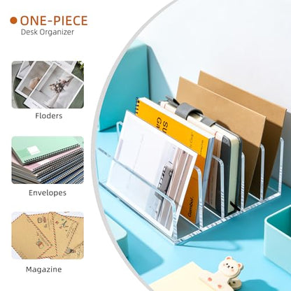 Clear Acrylic 5-Compartment Mail & Letter Desk Organizer | 5mm thick, 5 compartments organize mail, bills, letters & more. Crystal clear acrylic, non-slip pads. No assembly. - size: 5 Compartments