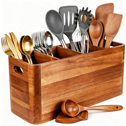 Kitchen Utensil Holder for Counter or Countertop, Extra Large Acacia Wood Organizer with 4 Compartments, Wooden Utensil Holder for Cooking and Silverware, Rustic Wood Container Sturdy Utensil Crock