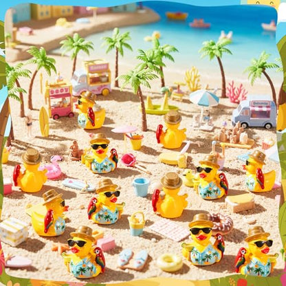 RoundFunny 50pcs Tropical Mini Duck Summer Party Favor Resin Miniature Duck | Small Duck Figurines Bulk for Cruise Ship, Hawaii Duckies Desk Ornament, Luau-themed Duckies for DIY Craft Cake Car Decor - style: Summer