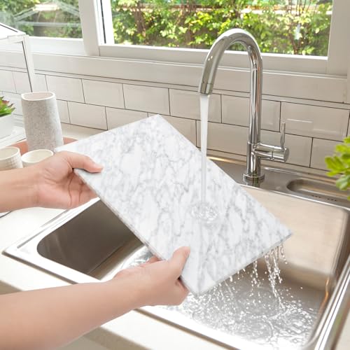 Hiceeden 8 x 12 Inches Marble Cutting Board, Stone Cutting Board with Non-Slip Feet for Kitchen Countertop, Rectangular Serving Slab for Charcuterie, Cheese, Pastry, Scratch & Heat Resistant, White