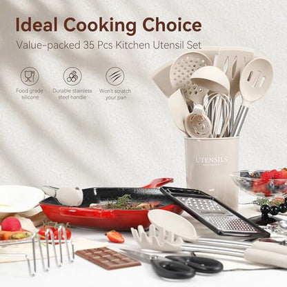 NCUE 35 Pcs Silicone Cooking Utensils Set BPA Free 446°F Heat Resistant | Stainless Steel Handles Kitchen Utensils Set, Thickened Heads Silicone Grips Nonstick Dishwasher Safe for Baking Housewarming - color: Khaki