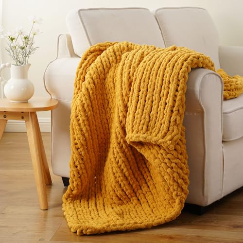 Chunky Knit Throw Blanket for Couch, Yellow Chenille Throw Blanket 50x60in | Fall Mustard Cable Knit Crochet Blanket, Soft and Thick Rope Knot Knitted Throw Blankets for Bed Sofa Home Decor - color: Mustard