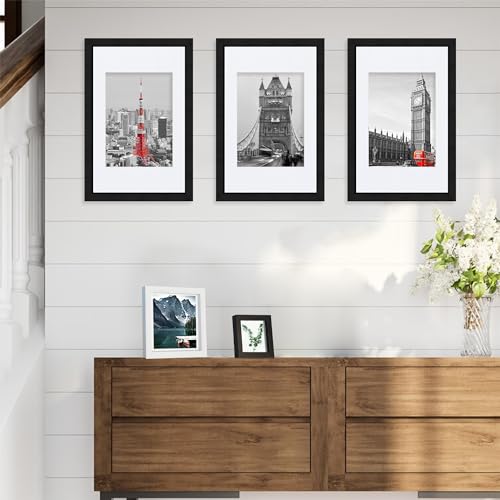 Hongkee 8x12 Black Picture Frames set of 3, Made of Wooden and Glass Photo frame - Displays 6x8 Picture with Mat or 8 x 12 Poster without Mat, Desktop & Wall Collage Frame set - color: Black, size: 8x12 in