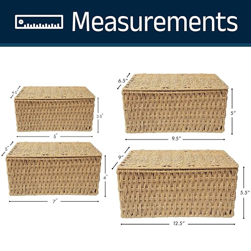 RoyalHouse Woven Stackable Storage Baskets with Lid, Decorative Rope Organizer Bin - Set of 4 (4 Sizes), Beige (No Liner)