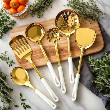 Novellus Stainless Steel Gold Kitchen Utensils Set with Holder, 7pcs Kitchen Accessories for Cooking Includes Soup Ladle, Metal Spatula, Slotted Spoon, Slotted Spatula, Pasta Spoon, White & Gold - color: White & Gold