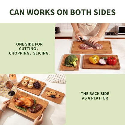 BAMBANG Bamboo Cutting Board, Dark Carbonized Chopping Boards Set of 3 with Stand, Butcher Block with Deep Juice Groove, Non-Toxic Wooden Cutting Boards for Kitchen Meal Prep & Serving - color: Dark