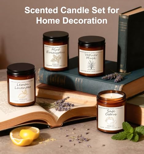 Scented Candle Gift Set, 4 Pack 25oz Soy Wax Candles, Long Lasting Aromatherapy Candles for Home Fragrance, Ideal Gift for Women and Men – Eucalyptus Mint, Lemon Lavender, Musk Vetiver, Sage Citrus
