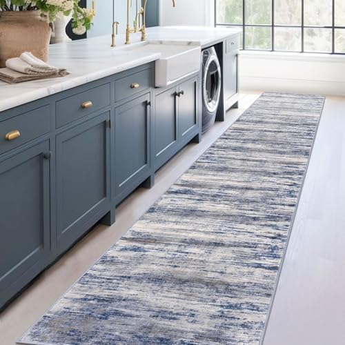 KOZYFLY Modern Abstract Washable Rug Runner 2.6x14 Hallway Rug Runner Non-Slip Soft Kitchen Runner Rugs, Grey-Blue Striped Carpet for Entryway Bathroom Laundry Room Foyer - color: Blue-grey, size: 2'8" x 14' (Runner)