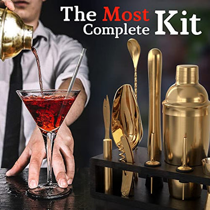 Highball & Chaser Bartender Kit with Espresso Bamboo Stand. Beautiful Cobbler Cocktail Shaker Set with Bar Tools Rustproof Stainless Steel Bar Set (Matte Gold) - color: Matte Gold