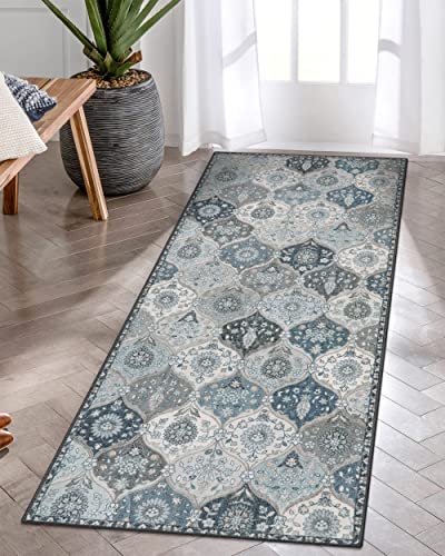 Lahome Moroccan Kitchen Runner Rug, 2x5 Washable Hallway Runner Non Slip | Trellis Non Slip Rubber Backing Ultra-Thin Vintage Carpet for Entryway Bedroom Bathroom Elise, Blue - color: Dusty Blue Grey, size: 2' X 5' (Runner)