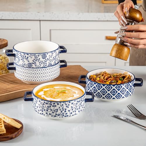 Soup Bowls with Handles - 24oz Ceramic French Onion Soup Crocks Serving Bowls for Pasta Cereal Beef Stew Pot Pies Casserole - Oven Microwave Dishwasher Safe - Set of 4, Blue | French Onion Soup Crocks Serving Bowls for Pasta Beef Stew Pot Pies Casserole -