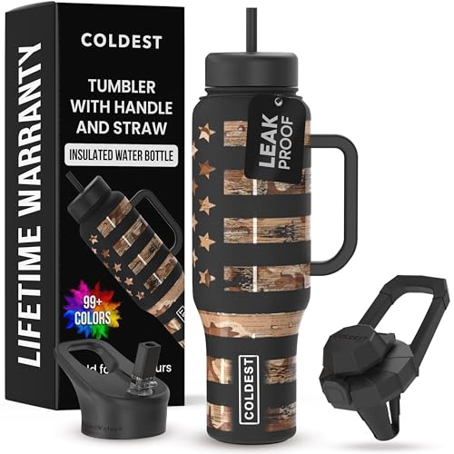 Coldest Tumbler with Handle and Straw, 100% Leak Proof Insulated Tumbler with Lid and Straw (3 Lids), Stainless Steel Tumblers for Women & Men, Cup Holder Friendly, 46 oz (Camouflage Flag) - color: Camouflage Flag, size: 46 oz