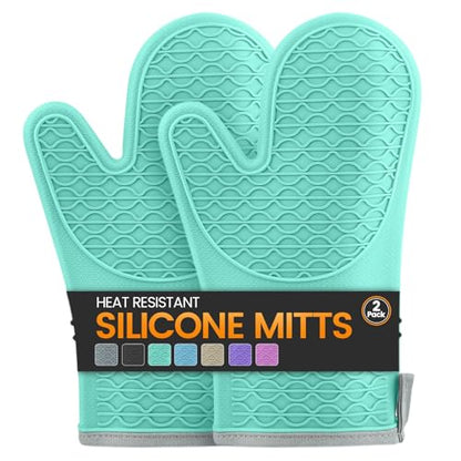 Silicone Oven Mitts, Heat Resistant 2PCS Oven Mitts with Soft Cotton Lining, Waterproof Non-Slip Grip Oven Glove, Kitchen Potholder Mits for BBQ, Baking, Cooking, 12.5 Inch - Green - color: Green