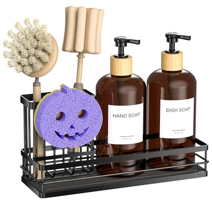Moforoco Kitchen Dish Soap Dispenser Set, 16OZ Glass Bottle, Hand and Dish Soap Dispenser Set, Instant Dry Tray, Brush Holder with Smiley Face Sponge Holder (Black Tray+Amber Bottle+Labels) - color: Black Tray+amber Bottle+labels