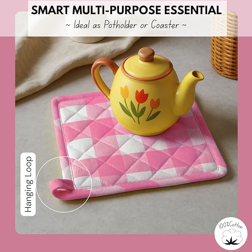 Native Fab Buffalo Plaid Check Oven Mitts and Pot Holders Set of 4, 100% Cotton Heat Resistant Kitchen Gloves, 2 Oven Mitts (7x13), 2 Pot Holders (8x8) for Cooking & Baking, Pink White - color: Buffalo, Rose Pink