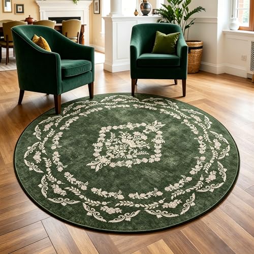 FlyDOIT Small Round Area Rug 4ft, Circle Rugs for Bedroom, Green | Washable Non Slip Rug, Boho Floral Distressed Circular Carpet for Living Room Dining Room Entryway College Dorm Office Decor - color: Green, size: 4' (Round)