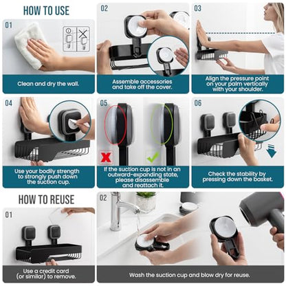 TAILI Shower Caddy Suction Cup Stainless Steel Shower Shelves Black 2pack