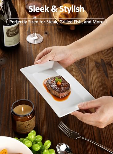 Porcelain Rectangular Dinner Platters, 9.75 Inch Rectangle Serving Plates for Sushi, Snacks, Cake, Meat & Appetizers, Set of 4, Elegant White Design | Durable Ceramic Serving Trays for Snacks, Steak, Sushi, Desserts and Parties, Stackable, Dishwasher/Micr