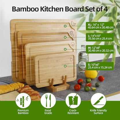 WILLKOMMEN 4-Piece Bamboo Cutting Boards for Kitchen, Chopping Board Set with Food Icon (Meat, Fish, Vegetables, Fruits) Butcher Block with Stands, Handles & Juice Grooves (Small, Medium, Large, XL) - color: Bamboo Set of 4