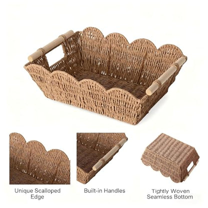 Scalloped Basket with Wooden Handle, Water Hyacinth/Seagrass/Wicker Storage Baskets, Hand Woven Baskets for Shelves,Natural Baskets for Organizing (2)