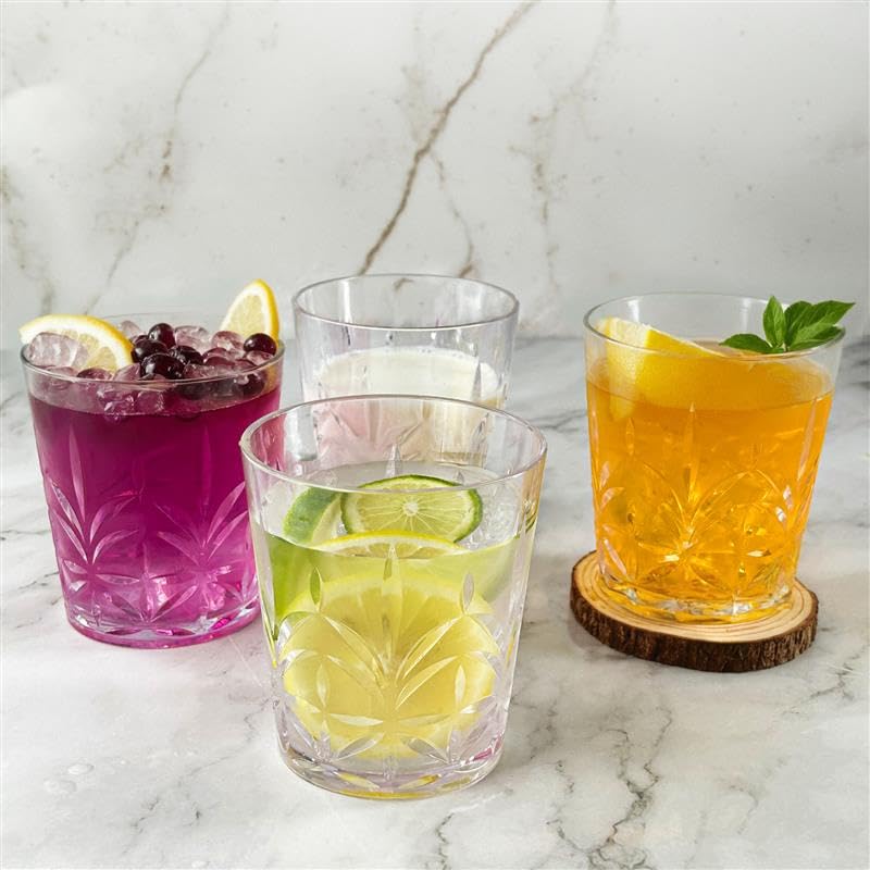 Lily's Home Unbreakable Premium Drinking Glasses Set of 4, Plastic Cups, Reusable Drinkware, Tumblers Water Cups, Shatterproof & Stackable, Indoor & Outdoor, 3.5in×3.9in, 13.5oz. Made in Taiwan. - size: 13.5 Ounces (Crystal)