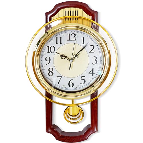 Wall Clock with Pendulum, Non Ticking Silent Battery Operated Antique Clock | Vintage Decorative Wall Clocks for for Living Room, Dining Room, Office, Clock Wall Decor - color: Brown