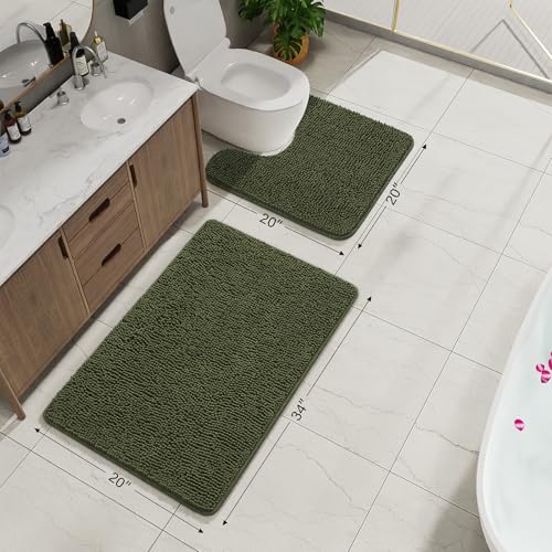Bathroom Rug Sets 2 Piece, 20"x20" U-Shaped & 21"×34", Olive Green | Toilet Mat Non Slip Bath Mats Floor Set, Washable Bath Rug Set, Absorbent Soft Bathroom Rug - color: Olive Green
