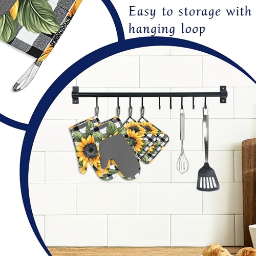 Sunflower Flower Potholders & Oven Mitts Sets Black White Check Plaid Silicone Heat Resistant Oven Mits and Hot Pads Non-Slip Pot Holders Gloves for Kitchen Chef Cooking Baking Grilling BBQ - color: Sunflower Flower,black White Check Plaid