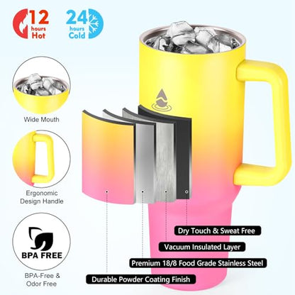 40 oz Tumbler with Handle and Straw or Convert to 40 oz Insulated Water Bottle Fits in Cup Holder. Stainless Steel Metal Water Flask with 2 Lids for Travel,Camping,Gym Sports Coffee Mug Thermal Cup - color: Rainbow
