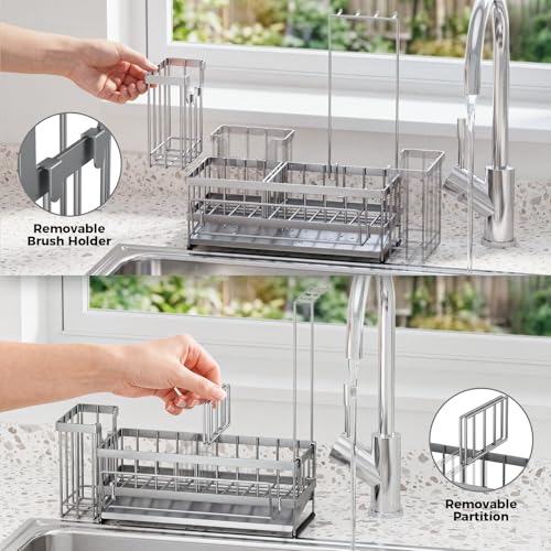 Kitchen Sink Organizer, Stainless Steel Sponge Holder, Silver | Rust-Resistant Steel, Detachable Draining Board, Compartment Divider, Brush Holder & Towel Bar, Ideal for Kitchen Storage - color: Silver