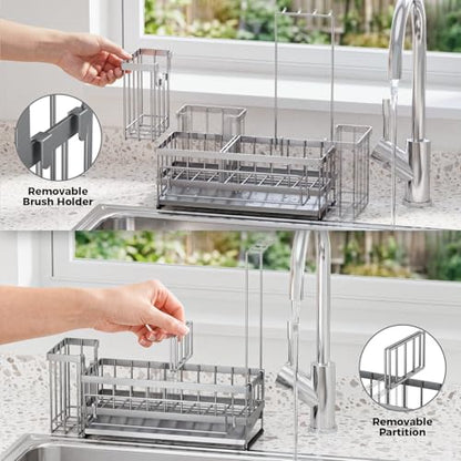 Kitchen Sink Organizer, Stainless Steel Sponge Holder, Silver | Rust-Resistant Steel, Detachable Draining Board, Compartment Divider, Brush Holder & Towel Bar, Ideal for Kitchen Storage - color: Silver