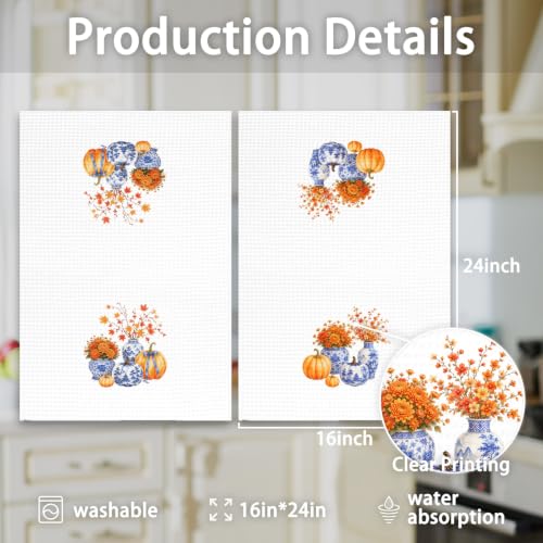 Fall Chinoiserie Kitchen Towels Set of 2, Fall Flowers Hand Towels | Autumn Blue and White Porcelain Dish Tea Towel for Kitchen Decorative, Blue Grandmillennial Fall Bathroom Decor, 16x24In
