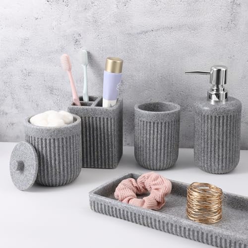 XLHOMO Resin Grey Bathroom Accessories Set 5 Pcs, Lotion Soap Dispenser, Toothbrush Holder, Bathroom Tumbler, Qtip Holder and Vanity Tray, Bathroom Countertop Organizer Set for Modern Home Apartment - color: Grey, size: Resin Bath Set