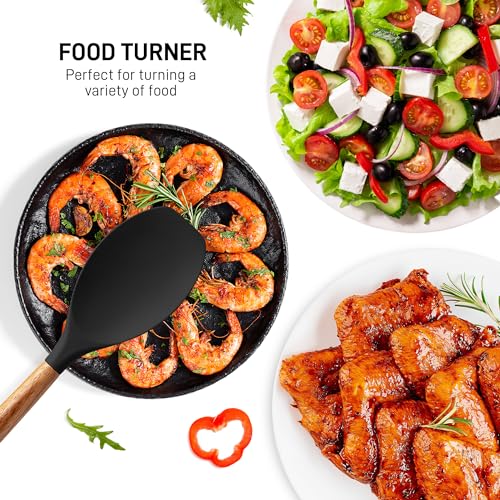 Zulay Kitchen 5 Piece Silicone Utensil Set | Non-Stick Silicone Cooking Utensils Set with Acacia Wood Handles - 464°F Heat Resistance Kitchen Utensils Set - Black - color: Black, size: 5-Piece Set