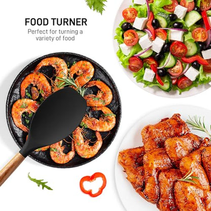Zulay Kitchen 5 Piece Silicone Utensil Set | Non-Stick Silicone Cooking Utensils Set with Acacia Wood Handles - 464°F Heat Resistance Kitchen Utensils Set - Black - color: Black, size: 5-Piece Set