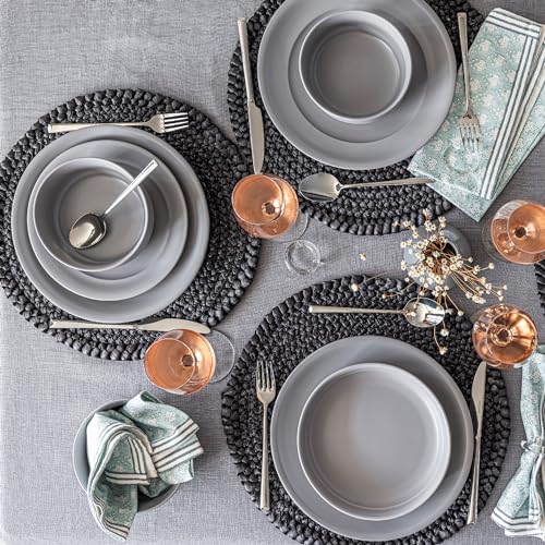 over&back Rim Dinnerware Set - Stoneware Dishes - Comes with 4 Dinner Plates, Salad Plates, Cereal Bowls, and Dinner Bowls - 16-Piece All-Occasion Place Settings - Serves Four - Semi-Matte Charcoal - color: Charcoal, size: Dinner Set | 16 Pieces
