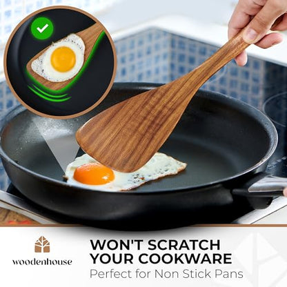 Wooden Spatula for Cooking, 12" Flat Wooden Spoon & Scraper for Frying | Natural acacia hardwood turner, nonstick & cast iron safe, non toxic, long comfort grip handle, easy to clean