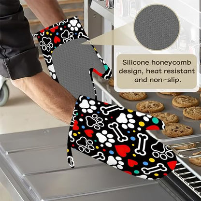 Colorful Dog Paw Oven Mitts and Pot Holders Sets Silicone Kitchen Mitts Potholders Heat Resistant 4Pcs Oven Gloves Hot Pads for Kitchen Baking Cooking - color: Colorful Dog Paw