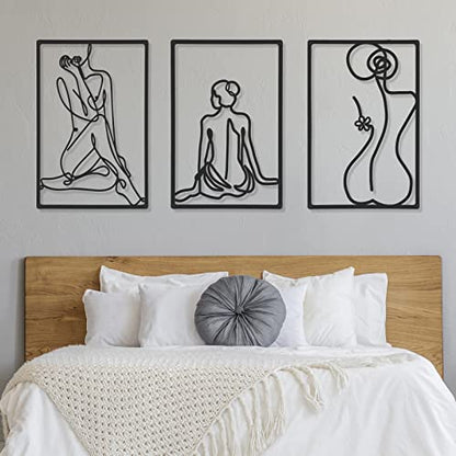 CHENGU 3 Pieces Metal Minimalist Abstract Woman Wall Art Line Drawing Wall Art Decor Single Line Female Home Hanging for Kitchen Bathroom Living Room - style: Body Style