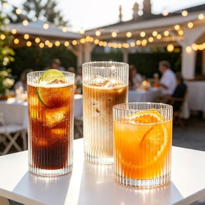 INSETLAN Set of 8 Vintage Glassware - 4 Highball Glasses 12 oz, 4 Rocks Glass Cups 14 oz, Ribbed Glassware Cocktail Glasses, Ideal for Wine, Juice, Water, Ice Coffee Cup, Whiskey, Mixed Drinkware