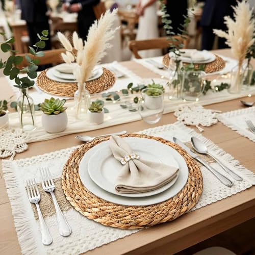 6 Sets Boho Placemats, Including 12 Inch Round Woven Rattan Placemats, Rectangle Burlap Boho Table Mats, Pearl Napkin Rings, Handmade Farmhouse Table Chargers for Home Wedding Party Decoration