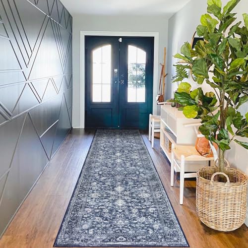 KILOCOCO Runner for Hallway 2.6x10 ft Washable Runner Non-Slip Rug, Blue | Printed Hallway Runners Rug, Non Skid Kitchen Runner Rug, Low Pile Runner for Bedroom Living Room, Soft Floral Hall Runners - color: Blue/Navy/White, size: 2'7" x 10' (Runner)