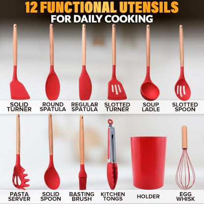 12 Pcs Red Kitchen Utensils Set with Holder – Versatile Silicone Utensils Set for Cooking and Baking, Gentle on Pots and Pans, Heat-Resistant, Stylish, Easy to Clean, Red Kitchen Accessories - color: Red