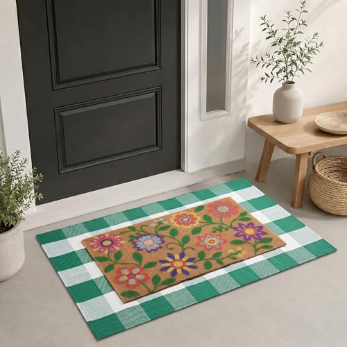 Layered Doormat Set, 27"x43" Green White Buffalo Plaid Rug and 17"x30" Floral Welcome Mat, Farmhouse Spring Front Door Mat for Entryway Porch Indoor Outdoor Decor (Flowers) - color: Flowers