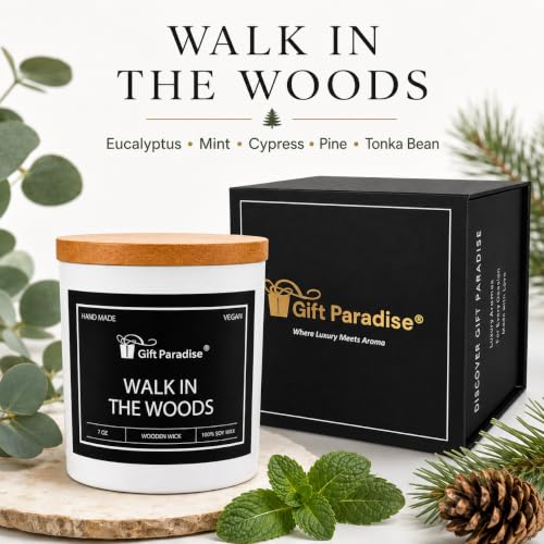 Gift Paradise® Walk in the Woods Soy Candle, 7 oz, Magnetic Gift Box | 7 oz soy candle with a wooden wick, bamboo lid and crisp eucalyptus, pine, smoky wood and tonka bean fragrance