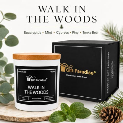 Gift Paradise® Walk in the Woods Soy Candle, 7 oz, Magnetic Gift Box | 7 oz soy candle with a wooden wick, bamboo lid and crisp eucalyptus, pine, smoky wood and tonka bean fragrance