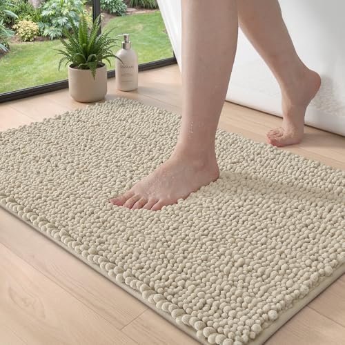 DEXI Bathroom Rugs 32x20, Super Soft Thick Chenille Absorbent Bath Mat, Non Slip Machine Washable Fluffy Shag Bathmat for Tub, Shower Floor, Beige - color: Beige, size: 32" X 20" (Rectangular)