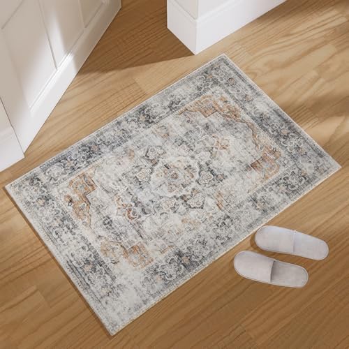 2x3 Small Area Rugs for Entryway: Washable Rug Non Slip Door Mat Indoor Entrance Soft Low Pile Throw Rugs for Inside Front Door Floor Entry Bedroom Bedside Kitchen Nursery Dorm Home Office - color: Grey and Orange, size: 2' x 3' (Rectangular)