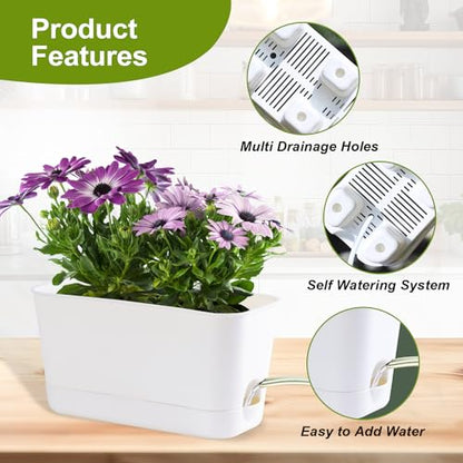 Self Watering Planters: 4 Packs Rectangular Plant Pots with with Drainage and Tray, 10 Inch Window Pot Self Watering Planter for Herb, Houseplants - size: 10 inch 4 Pcs