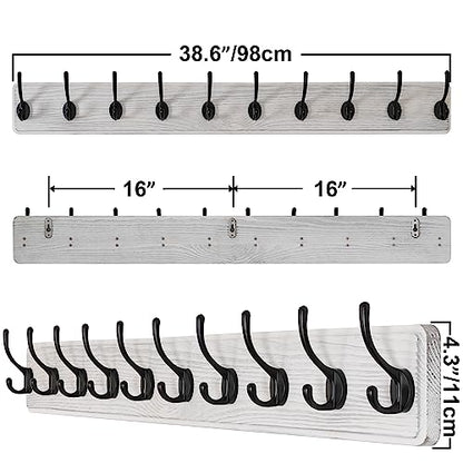 SKOLOO Rustic Wall Mounted Coat Rack, Case of 2, Pine Solid Wood Coat Hook Hanger - 10 Hooks for Hanging Clothes Robes Towels Coats - color: White Plate & Black Hook, size: 2 Item-10 Hooks